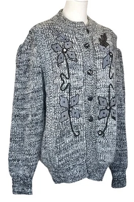 Винтажный 1980-х серый вязаный кардиган свитер с цветочным аппликацией и бисером деталь L - Изображение 1 из 4