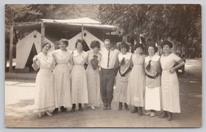 Group of Women & Man Tent Camp Scene Real Photo RPPC Postcard - Picture 1 of 2