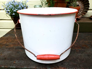 Vintage  Enamel Pot- White with Red Trim & Red Wood Handle - Picture 1 of 6