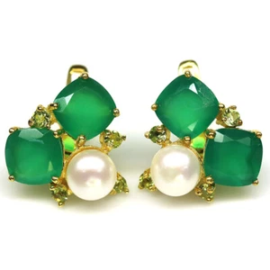 925 Plata de Ley con Ágata Verde ,Perla Y Peridoto Pendientes 18K Chapado en Oro - Imagen 1 de 4