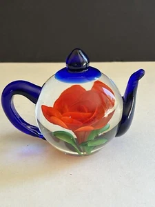 Hand Blown Glass Teapot Paperweight Collectible Red Rose Cobalt Mothers Day - Picture 1 of 24