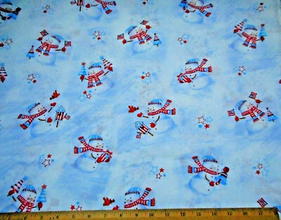 Christmas Fabric By Yard Patriotic Snowmen Star Flag on Blue & White Cotton 59 C - Image 1 of 2