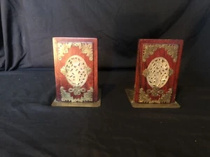 Antique Chinese Bookends Carved Celadon Jade Medallions Cherry Wood Etched Brass - Picture 1 of 7