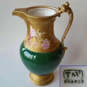 Antique Tressemanes & Vogt T&V France 10" Serving Pitcher. Pink Mums Green Gold - Picture 1 of 12