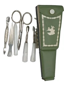 Vintage German Made Manicure Grooming Set Green Chariot Design All Pieces - Picture 1 of 12