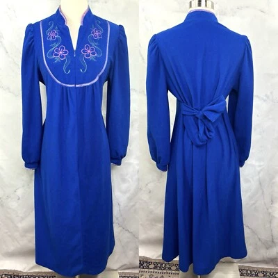 Vestido Abrigo Bata Casa Vintage Años 70 S Azul Mod Cremallera Retro Groovy Bordado Foto 1 de 4