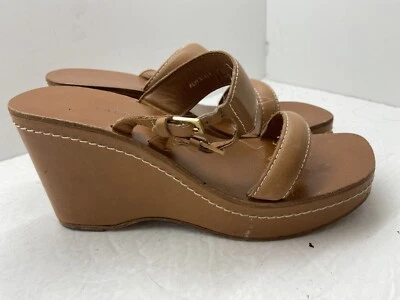 Ralph Lauren Colección Etiqueta Púrpura Cuero Cuña Slide Tacones 7.5 Bronceado Buff Foto 1 de 4
