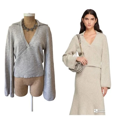 Sandro V Neck Knit 100% Wool Sweater Polo Collar Long Trumpet Sleeves EUC Large - Image 1 of 4