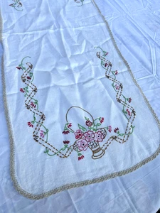VTG Floral Hand Embroidered Table Runner Flower Basket Floral Pink 12.5"x33" - Picture 1 of 6