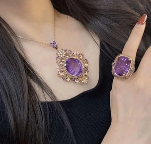 Set ciondolo e anello stile vintage zirconi placcati oro 14k anello regolabile regalo - Foto 1 di 10