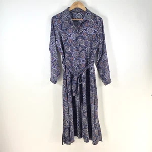 Next petite shirt dress womens 12 navy blue paisley long sleeve midi belt 115086 - Picture 1 of 8