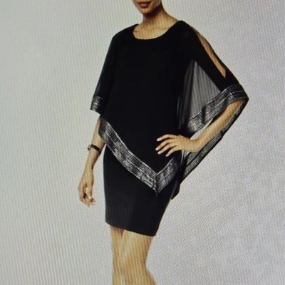 Sz 14 SLNY Foil Trim Popover Dress in Black & Silver Asymmetric Caplet Sheath Foto 1 de 4