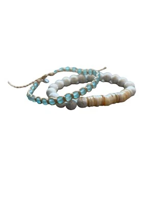 Natural Stone Glass Beach Beaded Stretch Macrame Set 2 Bracelets Crystal Shell - Image 1 of 4