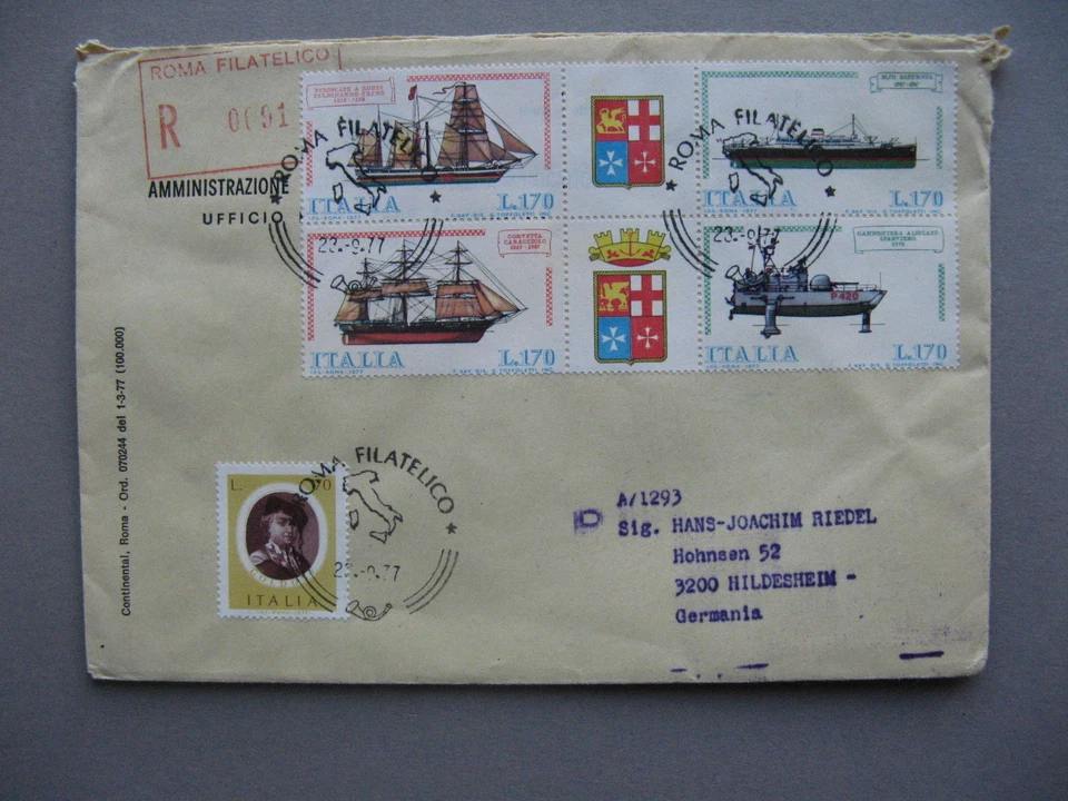 ITALY, R-cover FDC to Germany 1977, block of 6, ships coat of arms - Image 1 of 1