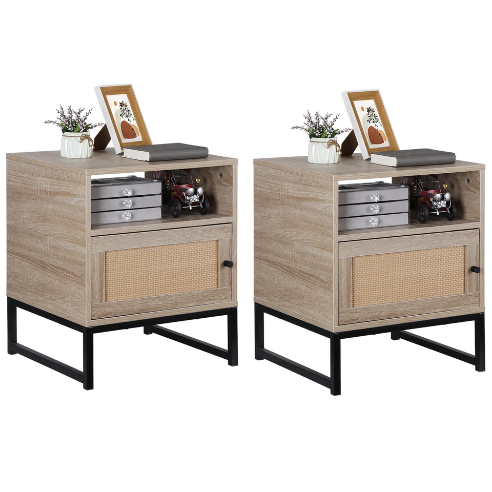 Rattan Nightstands Set of 2 Accent End Table Wood Bediside Table with Metal Legs - Image 1 of 4