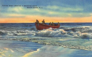 Fishing Boat Cresting a Breaking Wave Beach Haven, NJ Vtg 1930's Postcard - Picture 1 of 2
