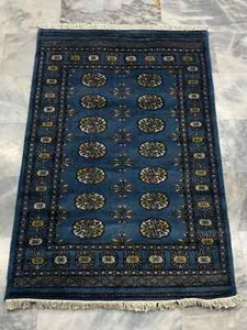Original Hand Knotted Pakistan Bokhara Area Rug Blue 96 x 147cm 3'2"x4'10" - Picture 1 of 3