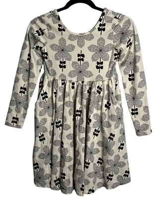 Hanna Andersson Floral Skater Dress 10 140 Long Sleeve Black White Flowers Art - Image 1 of 4
