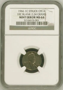 1966 NGC MS64 Lincoln Cent Struck on Roosevelt Dime  🔴 1C Struck on 10C Blank - Picture 1 of 4