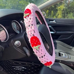 14-15in Boho Crochet Steering Wheel Cover Strawberry Steering Wheel Protector - Picture 1 of 7