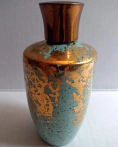Wolff Ceramics Vtg Vase Gold Blue Mid Century Modern Atomic Perfume Bottle Logo - Picture 1 of 9