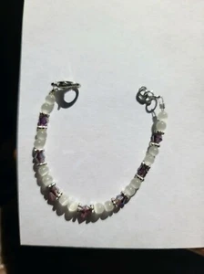 Toddler Bracelet, Age 1-3 Years. White Cat's Eye with Purple Beads - Picture 1 of 1