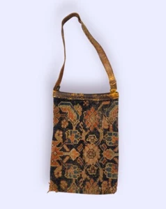 Vintage Tapestry Carpet Purse Shoulder Bag Leather Trim - Picture 1 of 7