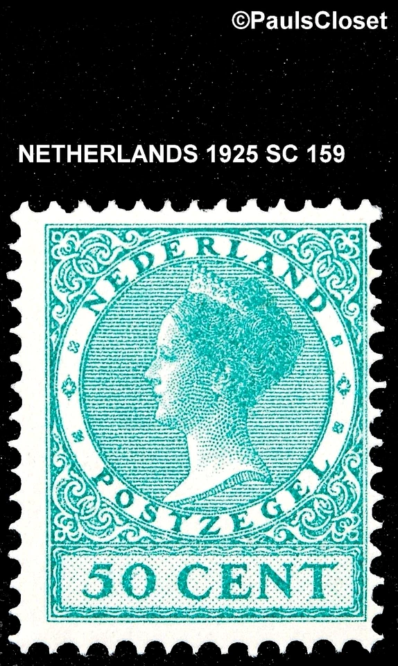 NETHERLANDS 1925 SC 159 QUEEN WILHELMINA 50¢ BLUE GREEN MNH OG FINE/VERY FINE - Image 1 of 2