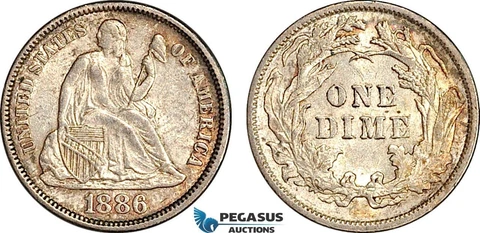 AH918, United States, Seated Liberty One Dime 1886, Silver, Philadelphia  AU-UNC Cover