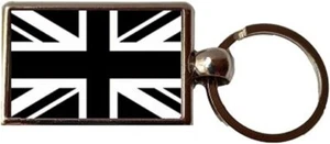 Union Jack Black & White Luxury Double Sided Metal Oblong Keyring And Gift Bag - Picture 1 of 4