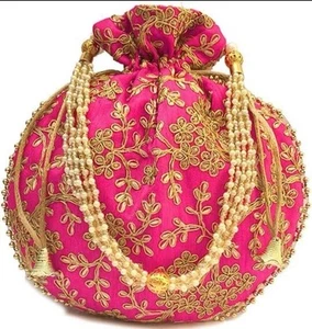 Ethnic Designer Embroidered Potli Bag Batwa Pearls Handle Purse Clutch only £10 - Picture 1 of 5