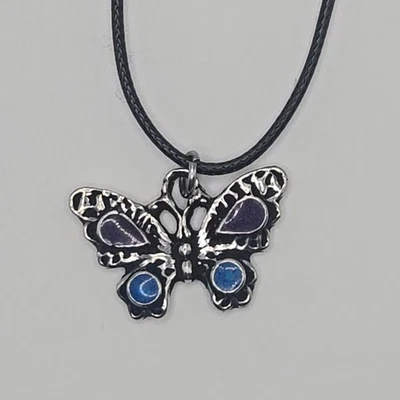 BUTTERFLY PURPLE & BLUE Pewter Pendant Charm / 26+" Adjustable Rope Necklace - Image 1 of 4