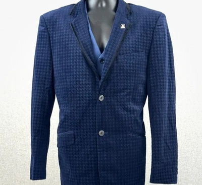 Stacy Adams Blue Velvet Houndstooth Blazer 60L Suit jacket men’s coat black trim - Image 1 of 4
