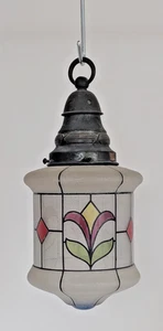 Antique Glass Hall Lantern Ceiling Light Art Deco c1920 Textured Stained Glass - Picture 1 of 9