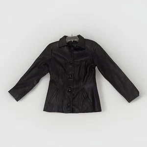 Giacca donna pelle nera con bottoni grande ma adatta come media cappotto vintage - Foto 1 di 20