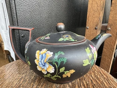 Antique Wedgwood Black Basalt Capriware Floral Teapot –1800's - Hand Painted - Image 1 of 4