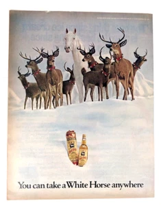 vintage 1971 White Horse reindeer christmas snowy scene PRINT AD - Picture 1 of 2