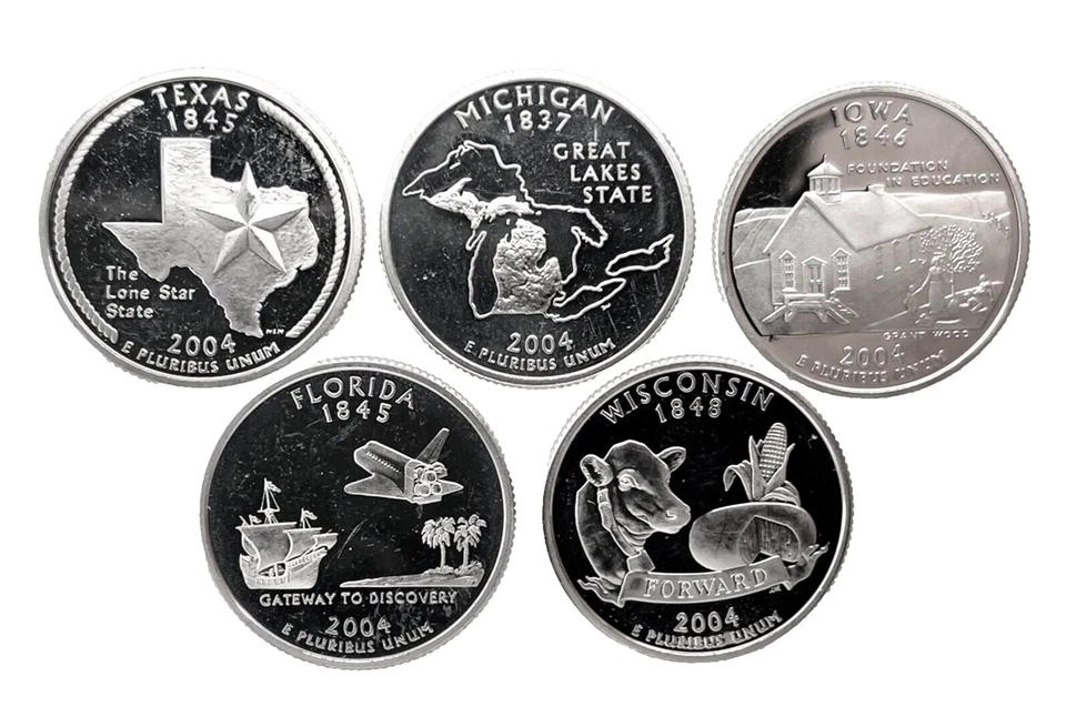 2004 S 5 Coin Year Set 50 States US Quarter 25c Gem Deep Cameo Proof 90% Silver - Image 1 of 4