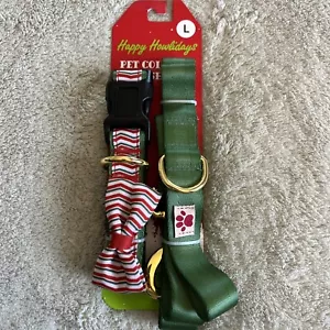 NUEVO Happy Howlidays Collar Mascota Rojo Verde Rayas Correa Lazo Cierre Dorado Grande - Imagen 1 de 6