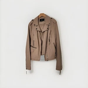 BNCI Blanc Noir Classic Tan Beige Moto Jacket Faux Leather Fur Lined Zippers M - Picture 1 of 13