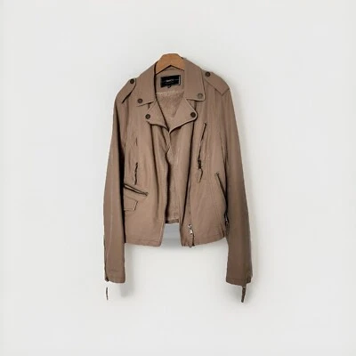 BNCI Blanc Noir Classic Tan Beige Moto Jacket Faux Leather Fur Lined Zippers M - Image 1 of 4