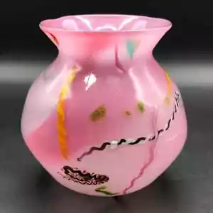 Vintage JM Miller handgeblasene Kunst Glas rosa verwebt Overylay Vase 1983 signiert - Bild 1 von 13