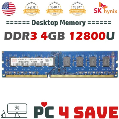 SK Hynix 4GB DDR3 1600 Desktop Memory 2RX8 PC3-12800U UDIMM HMT351U6CFR8C-PB - Image 1 of 2
