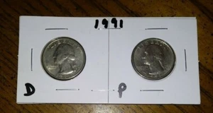 1991 - D & P Mint - Washington Quarters - 2 COIN SET + Coin Holder - Picture 1 of 2