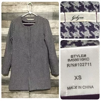 Gibson Houndstooth Plaid Long Overcoat Women’s XS Gray Purple No Show Button B4 - Image 1 of 4