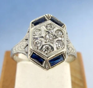 Antique French Cut Sapphires & Single Cut Diamonds 18k White Gold Ring Size 4.5 - Picture 1 of 5