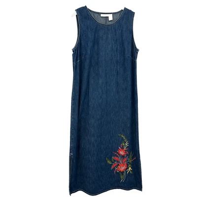 Vintage Y2K Maxi Denim Dress Jumper 14W Floral Embroidered Minimalist Grunge - Image 1 of 4