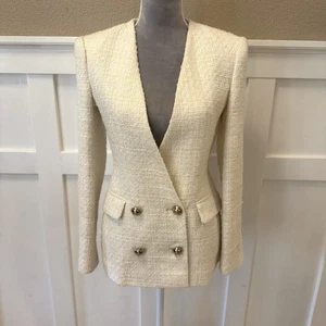 Zara Ecru Tweed Textured Double Breasted Blazer Size:XS Golden Buttons - Picture 1 of 16