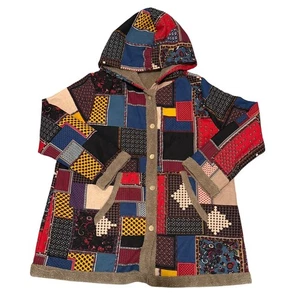 Patchwork Sherpa Lined Hooded Jacket Women 4XL Boho Hippie Cozy Artsy Oversized  - Picture 1 of 8
