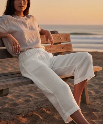 Flax Ivory Cream 100% Linen Pull On Wide Leg High Rise Crop Bohemian Pants Sz M - Image 1 of 4